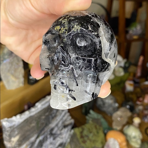 Insanely Dense Black Tourmalated Quartz Skull Carving - Picture 3 of 7